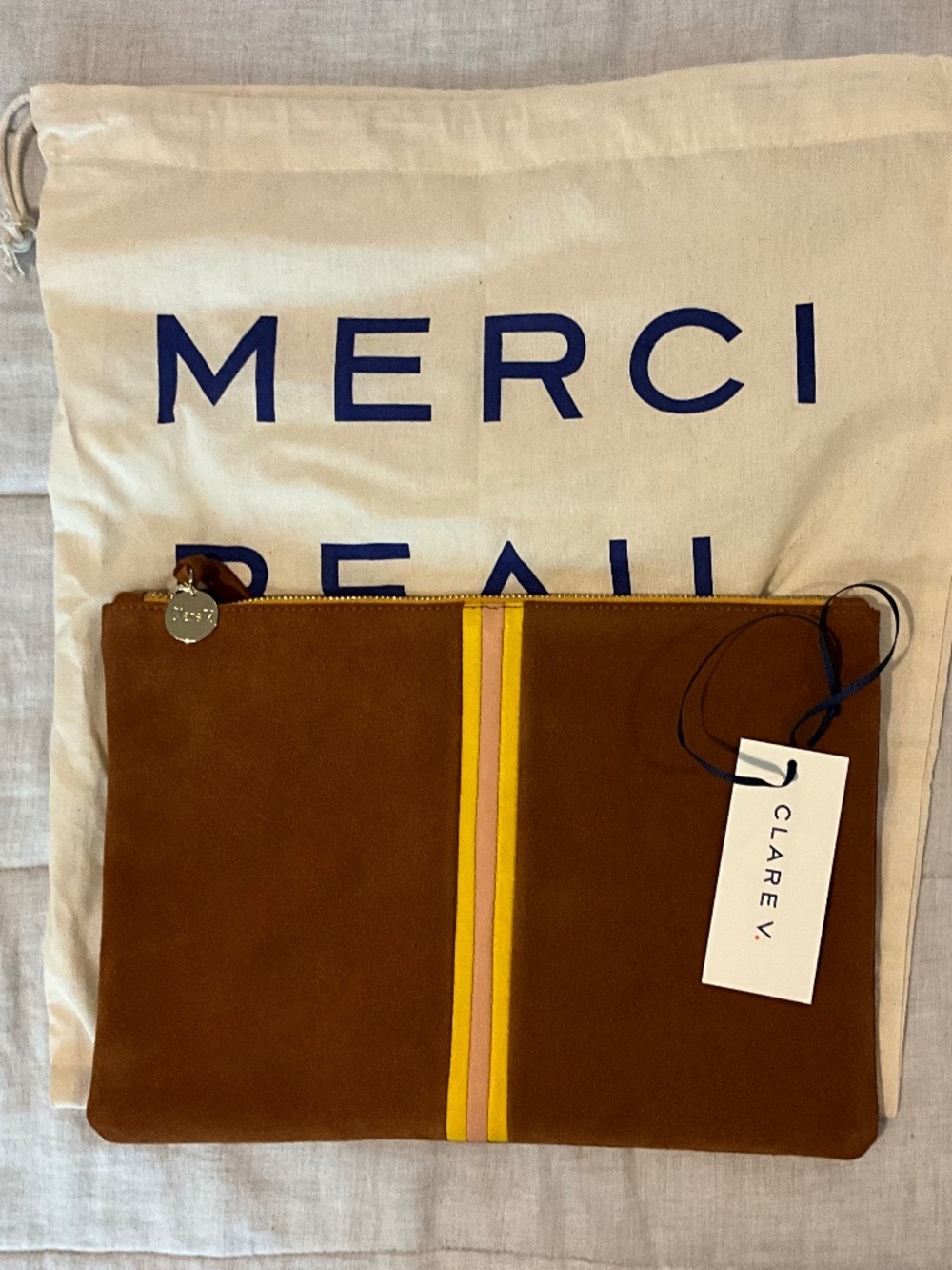 Clare V Flat clutch in tan suede with racer stripe
